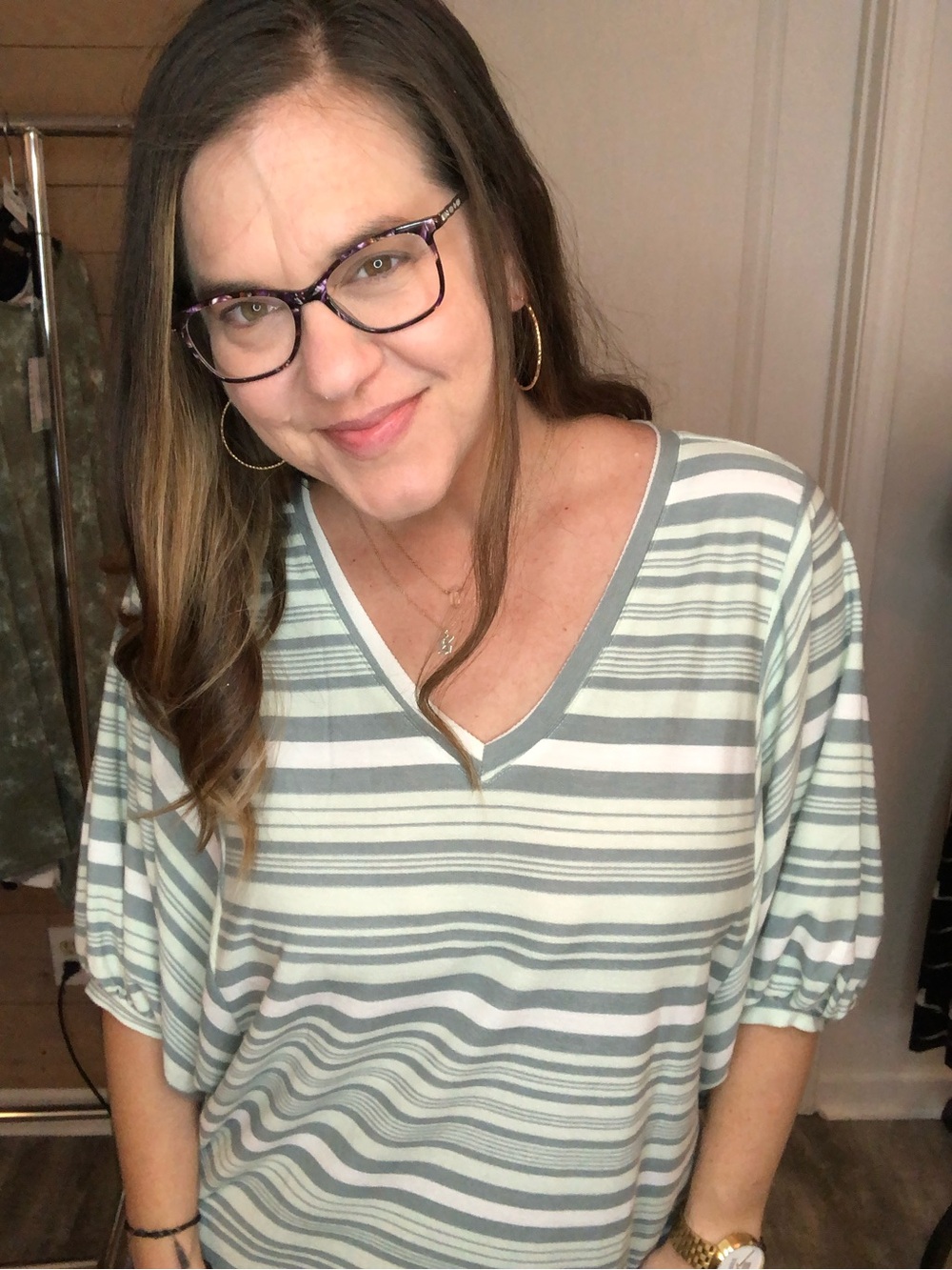 Striped V-Neck Top in Soft Green and White